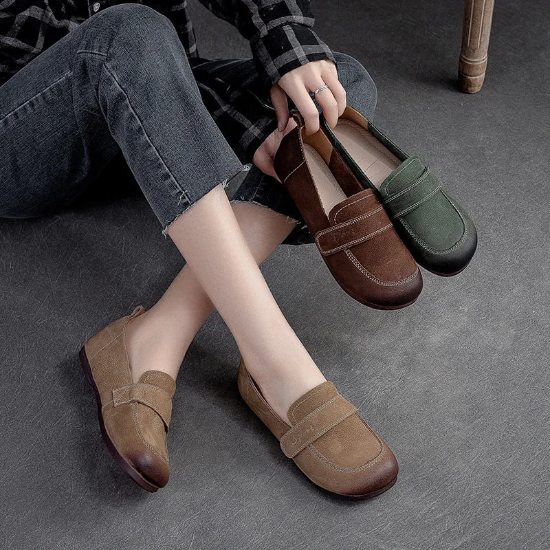 Women Retro Nubuck Soft Velcro Tape Flats