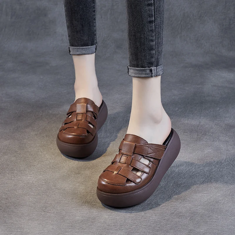 Women Retro Hollow Plaited Leather Wedge Slides