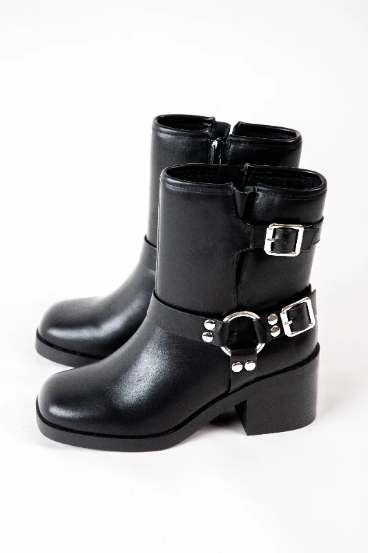 Addax Buckle Detail Moto Boot, Black PU