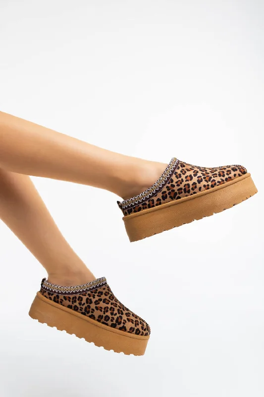 LEOPARD FLUFFY PLATFORM SLIPPERS FAUX FUR LINED ANKLE BOOTS