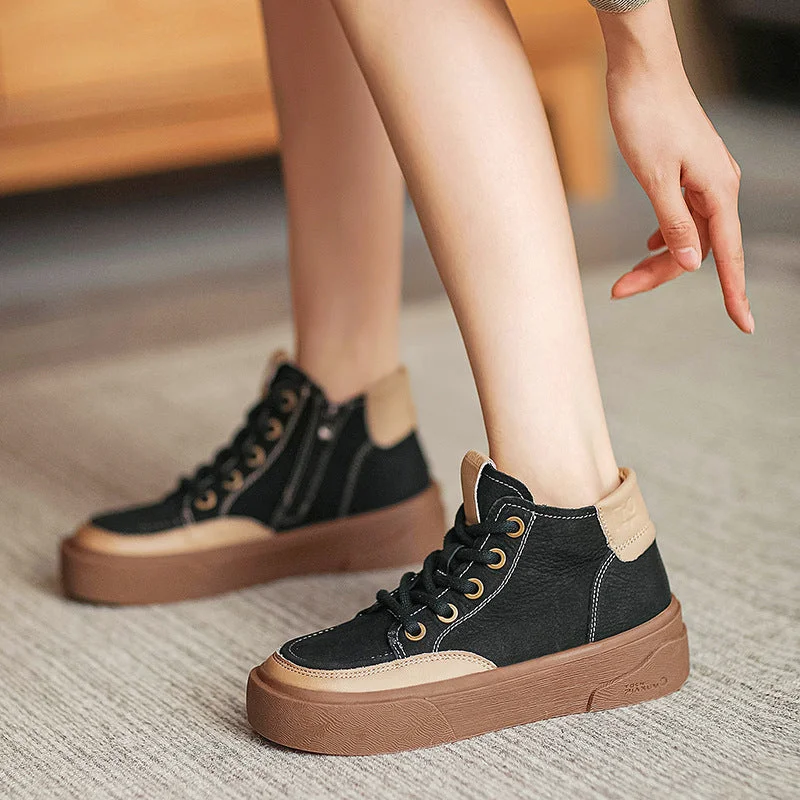 Women Retro Leather Patchwork Flat Ankle Boots