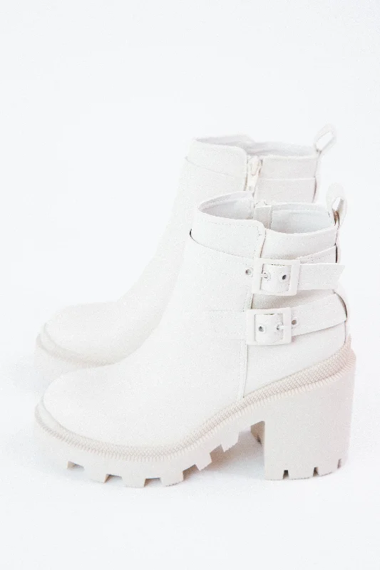 Maze Buckle Strap Chunky Bootie, Ivory Pebble