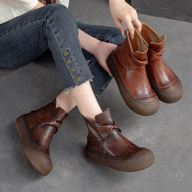 Women Retro Leather Thick Soled Ankle Boots