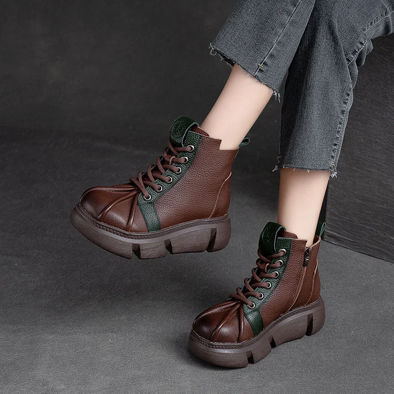 Women Retro Patchwork Leather Casual Ankle Boots