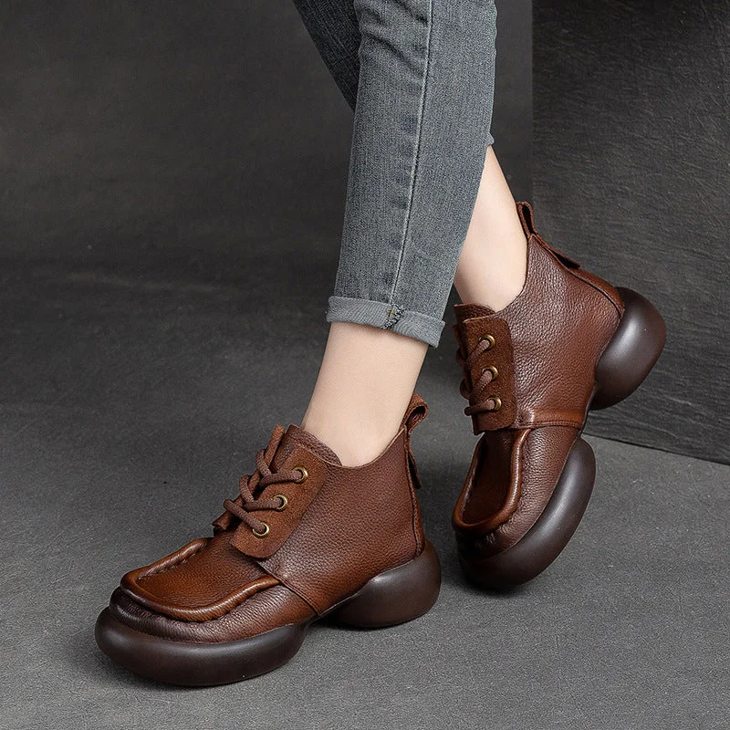 Women Retro Casual Leather Chunky Soled Ankle Boots