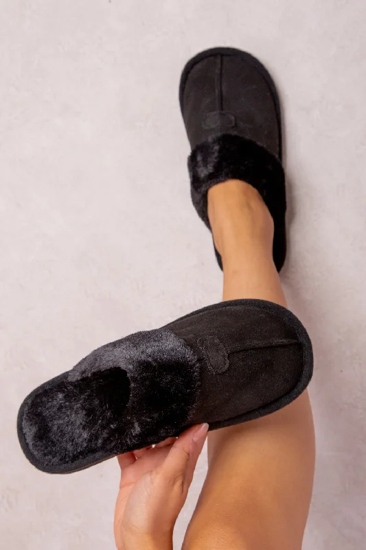 FELICITY SLIP ON TEDDY FAUX FUR LINED SLIPPERS IN BLACK SUEDE