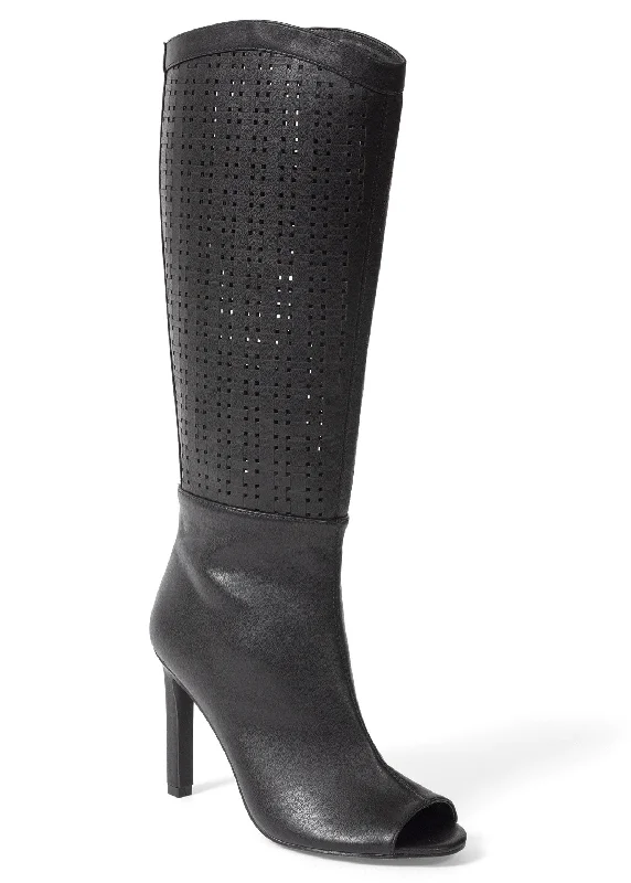 Laser Cut Faux Suede Boots  - Black