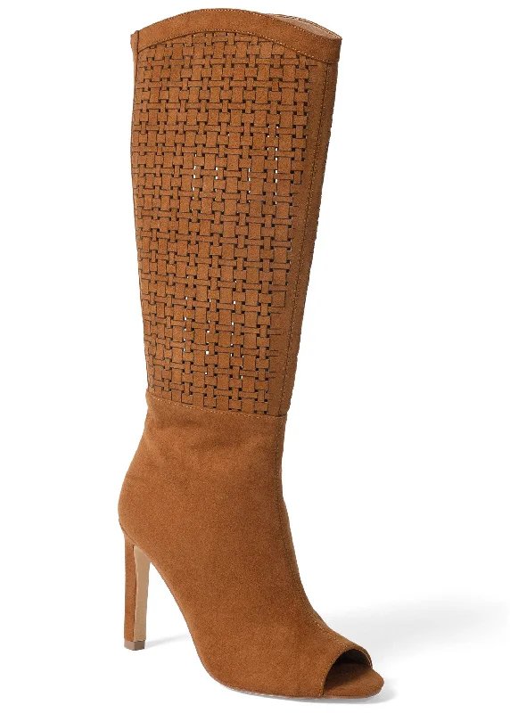 Laser Cut Faux Suede Boots  - Cognac