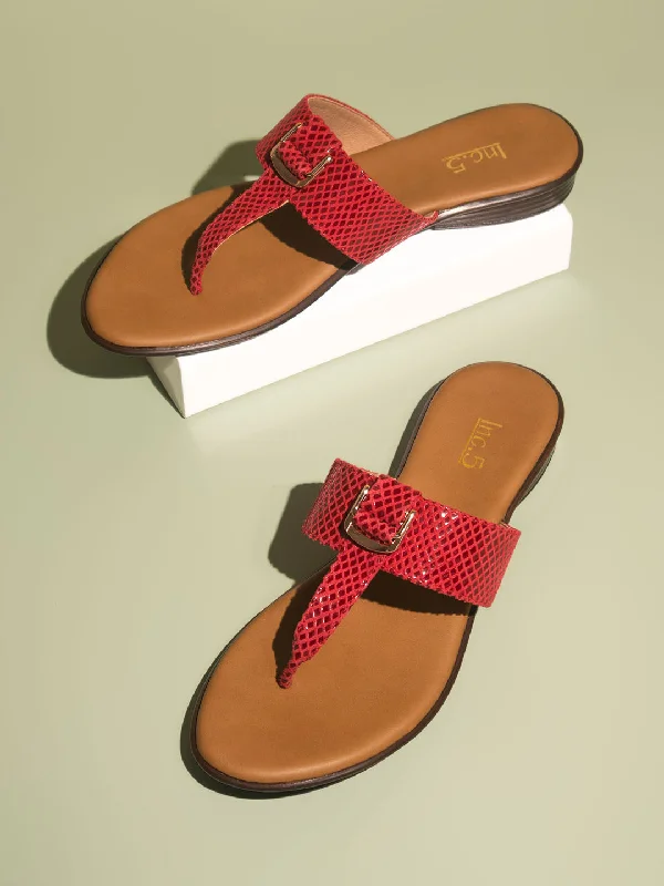 Women Red Open Toe Embellished T-Strap Flats