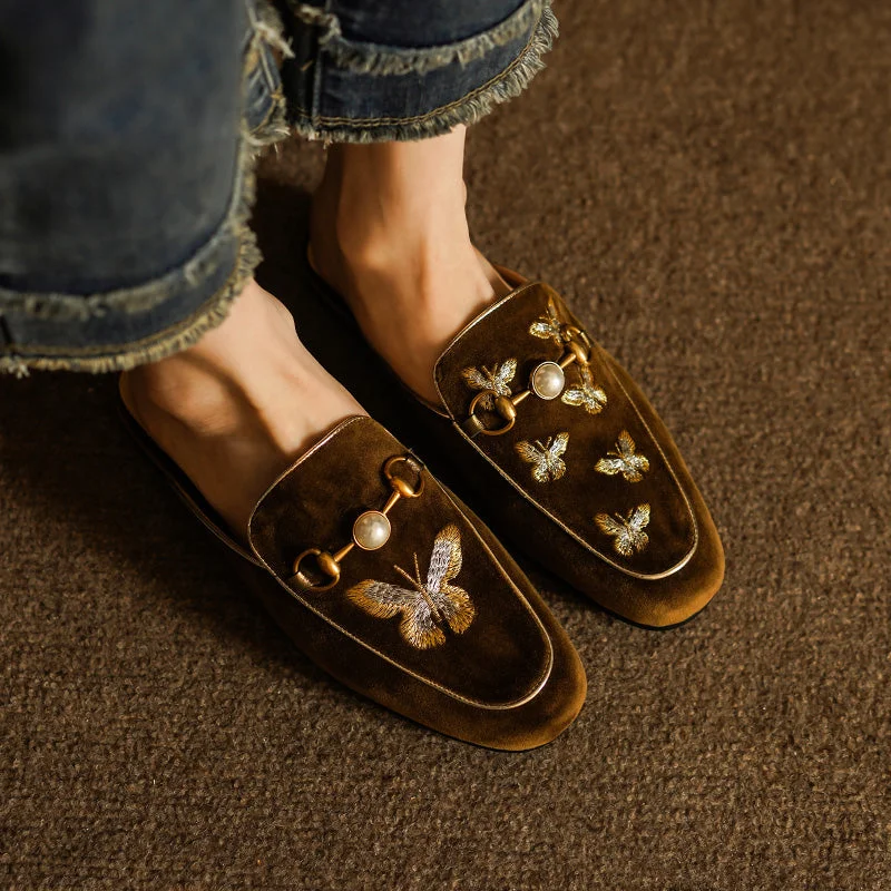 Womens Butterfly Embroidery Velvet Flats Mules