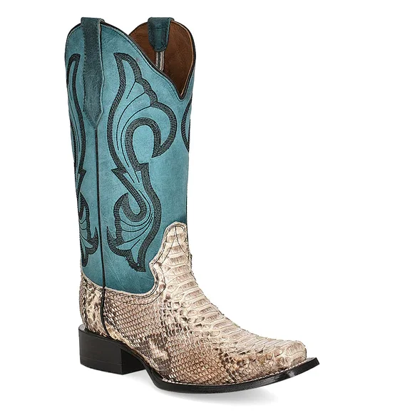 Circle G by Corral Ladies Natural Python & Turquoise Embroidered Square Toe Boot L5906