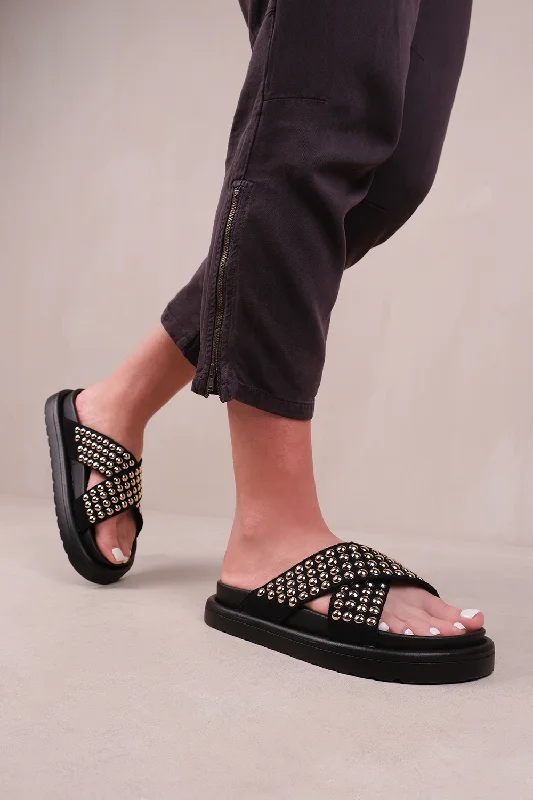 ZENITH FLAT SANDALS WITH CROSS OVER PRESSED STUDS STRAPS IN BLACK FAUX LEATHER