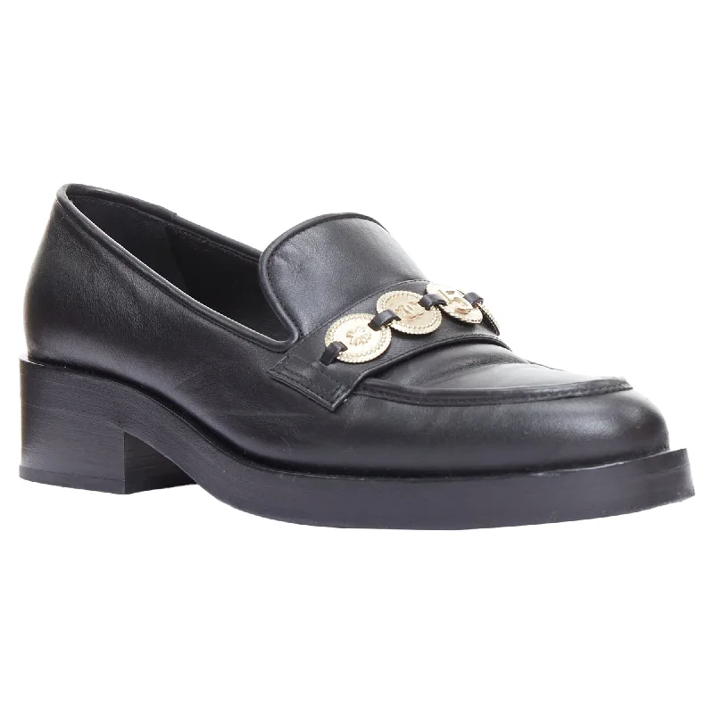 Chanel black leather gold CC 5 embellished classic loafers