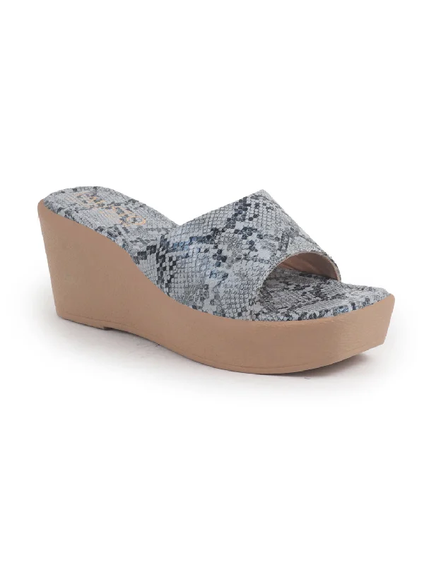 Women Grey Textured Print Platform Slip On Sandal With Cushioned Footbed|Height Enhancer Sandal For Broad Feet|Festive|Wedding