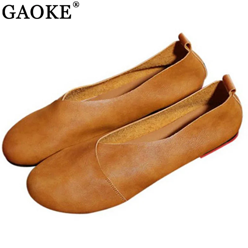 2018 Genuine Leather Flat Shoes Woman Hand-sewn Leather Loafers Cowhide Flexible Spring Casual Shoes Women Flats Women Shoes