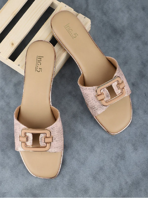 Women Peach Coloured Textured Buckle Detailed Open Toe Flats