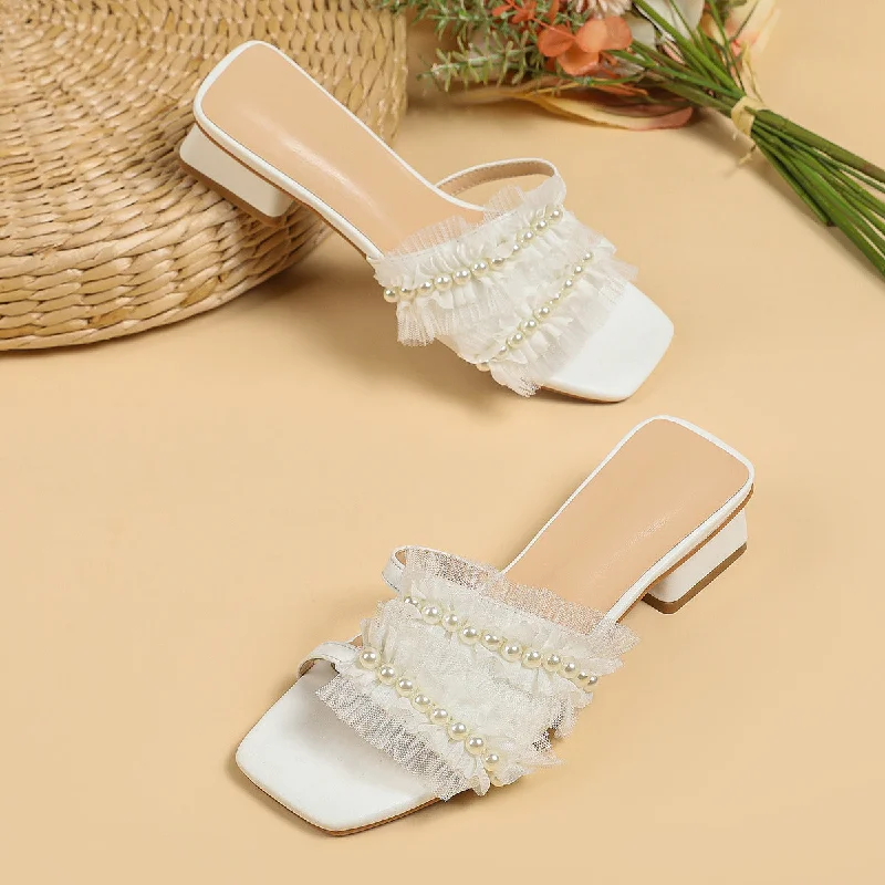 Wholesale PU Chunky Heel Open Toe Slippers