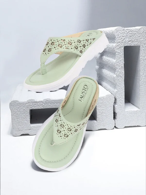 Women Green Party Fashion Stylish Laser Cut Design Strap Thong Flats Wedges Slipper