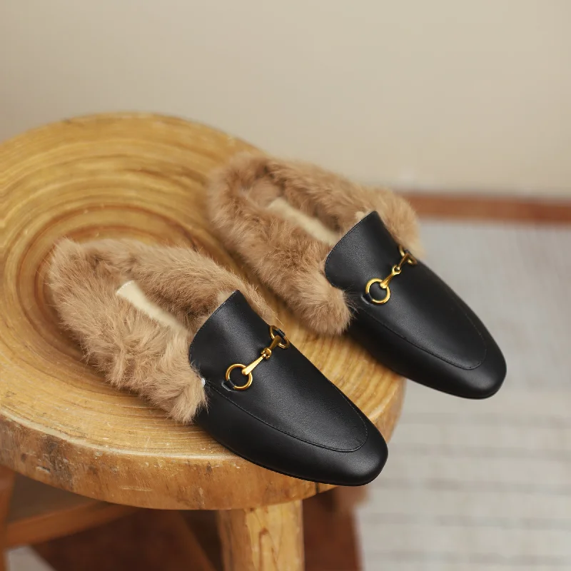 Women Leather Fur Flat Slippers Mules