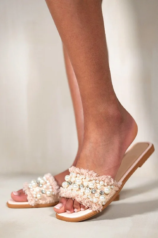 MILANI PEARL AND DIAMANTE EMBELLISHED FLAT SLIDER SANDAL IN BLUSH PINK