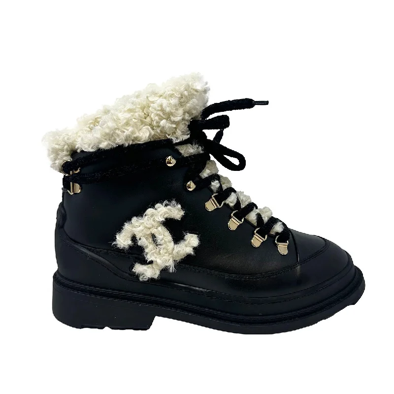 Chanel Shearling Lace-up Ankle Boots