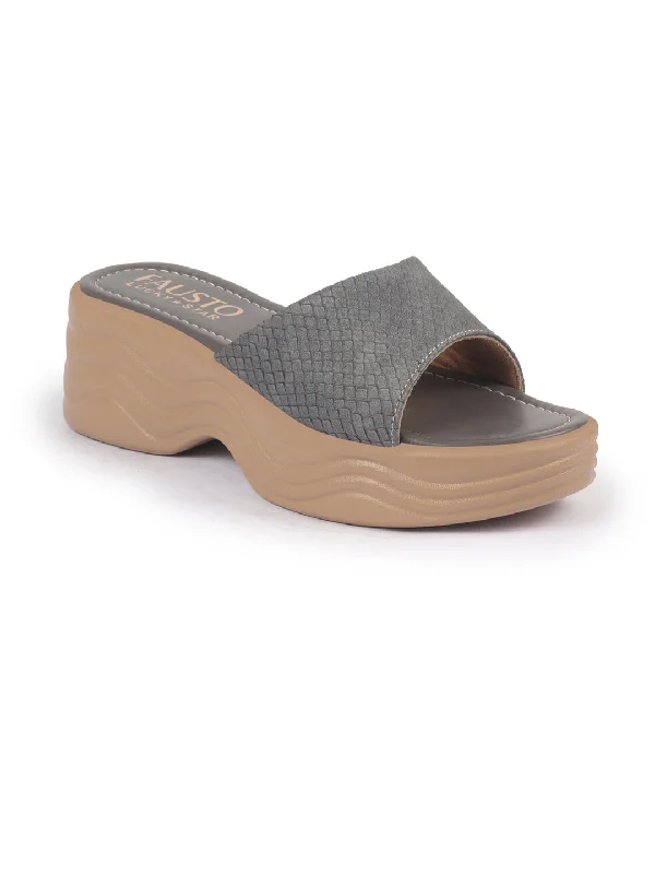 FAUSTO Women Grey Open Toe Textured Strap Wedge Heel Sandal With Cushioned Footbed|Platform Sandal For Party|Festive|Wedding