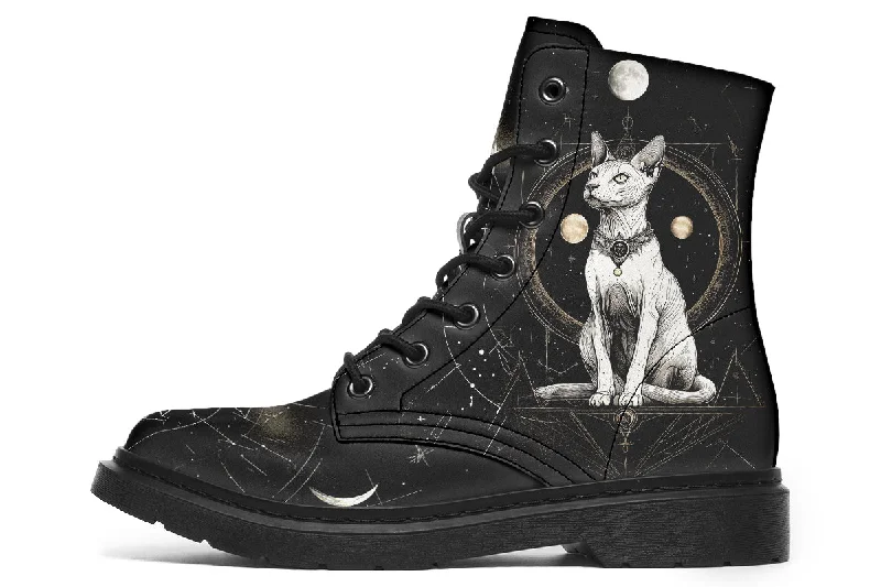 Cosmic Sphynx Cat Boots - Vegan Leather Doc-Style Boots with Durable Stitched on Soles