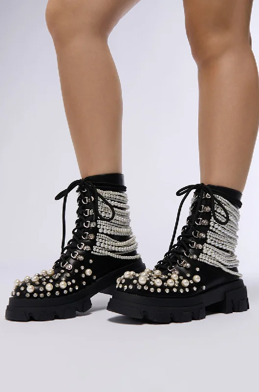 AZALEA WANG TWINKLEY BLACK PEARL EMBELLISHED COMBAT BOOTIE