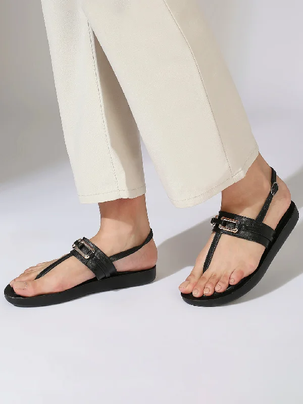 Women Black Buckled T-Strap Open Toe Flats