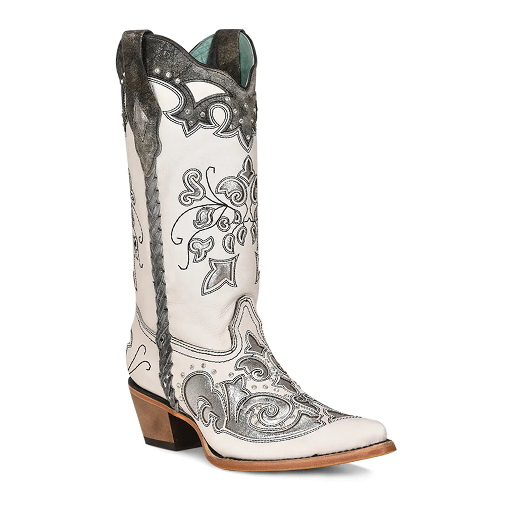 Corral® Ladies White & Silver Embroidered Point Toe Boots C3935