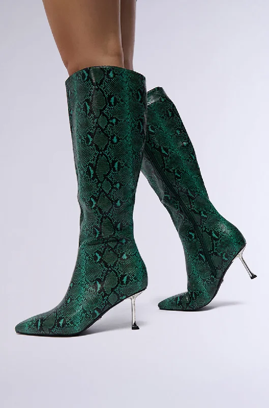 AZALEA WANG JACARANDA GREEN SNAKE EMBOSSED EMBELLISHED HEEL BOOT