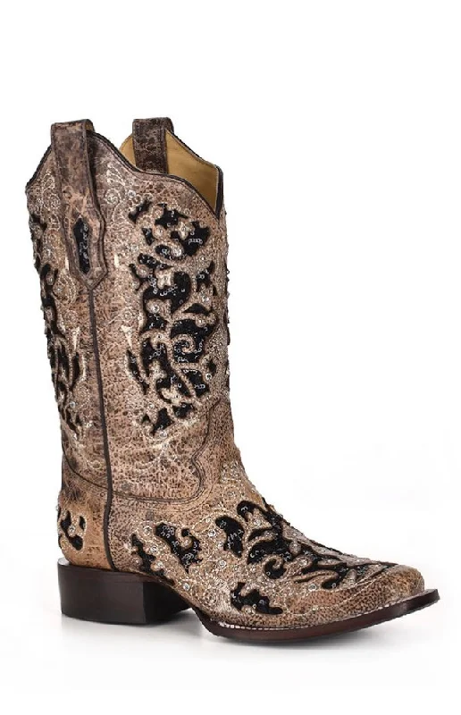 Corral Women’s Brown Inlay Flowered Embroidery with Studs & Crystals Boot