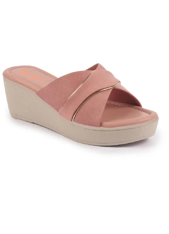 FAUSTO Women Pink Silver Lining Open Toe Cross Strap Wedge Slip On Sandal With Cushioned Footbed|Sandal For Party|Festive|Wedding