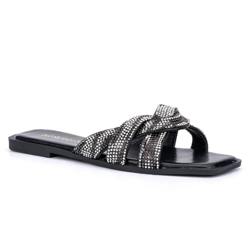 Olivia Miller Womens Marianne Rhinestone Square Toe Slide Sandals